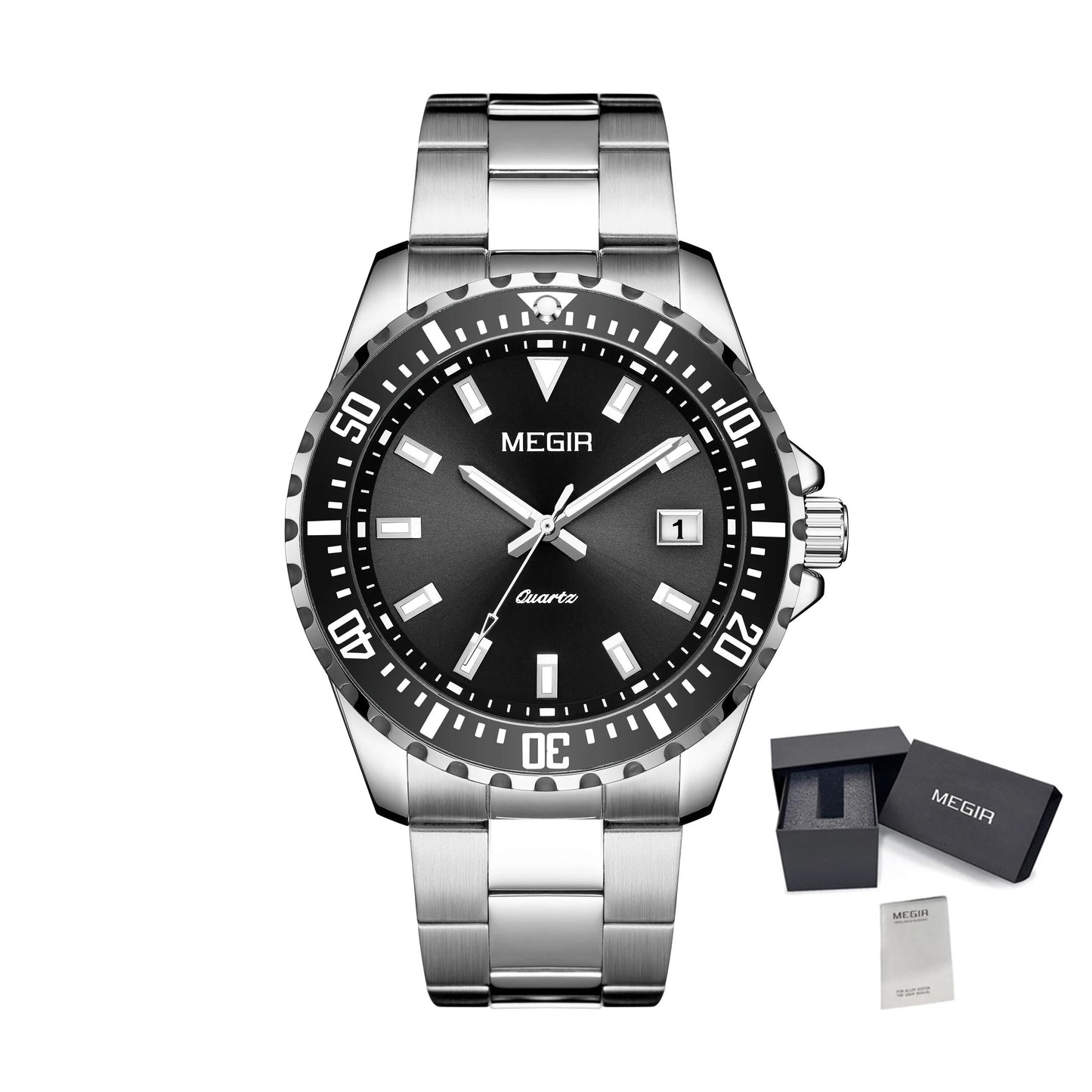 MEGIR Fashion Men Watches Top Luxury Stainless Steel Quartz Wristwatch Calendar Luminous Clock Large Dial Relogio Masculino 2064AG