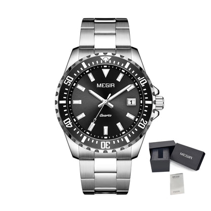 MEGIR Fashion Men Watches Top Luxury Stainless Steel Quartz Wristwatch Calendar Luminous Clock Large Dial Relogio Masculino 2064AG