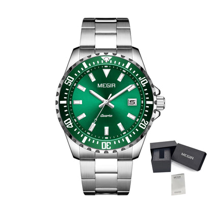 MEGIR Fashion Men Watches Top Luxury Stainless Steel Quartz Wristwatch Calendar Luminous Clock Large Dial Relogio Masculino 2064AG
