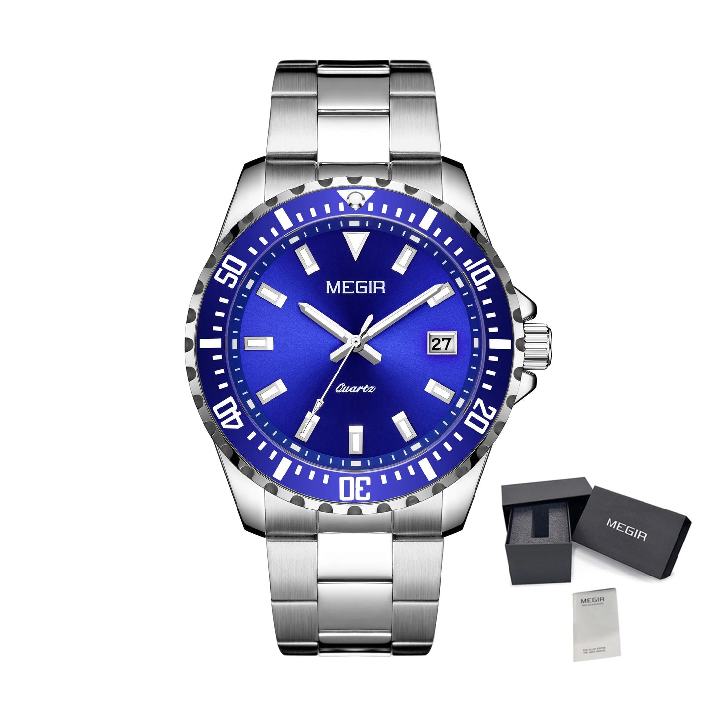 MEGIR Fashion Men Watches Top Luxury Stainless Steel Quartz Wristwatch Calendar Luminous Clock Large Dial Relogio Masculino 2064AG