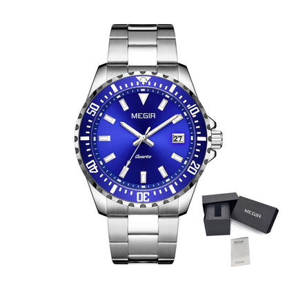 MEGIR Fashion Men Watches Top Luxury Stainless Steel Quartz Wristwatch Calendar Luminous Clock Large Dial Relogio Masculino 2064AG