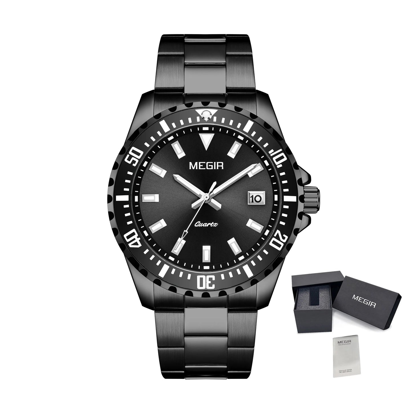 MEGIR Fashion Men Watches Top Luxury Stainless Steel Quartz Wristwatch Calendar Luminous Clock Large Dial Relogio Masculino 2064AG