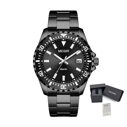 MEGIR Fashion Men Watches Top Luxury Stainless Steel Quartz Wristwatch Calendar Luminous Clock Large Dial Relogio Masculino 2064AG