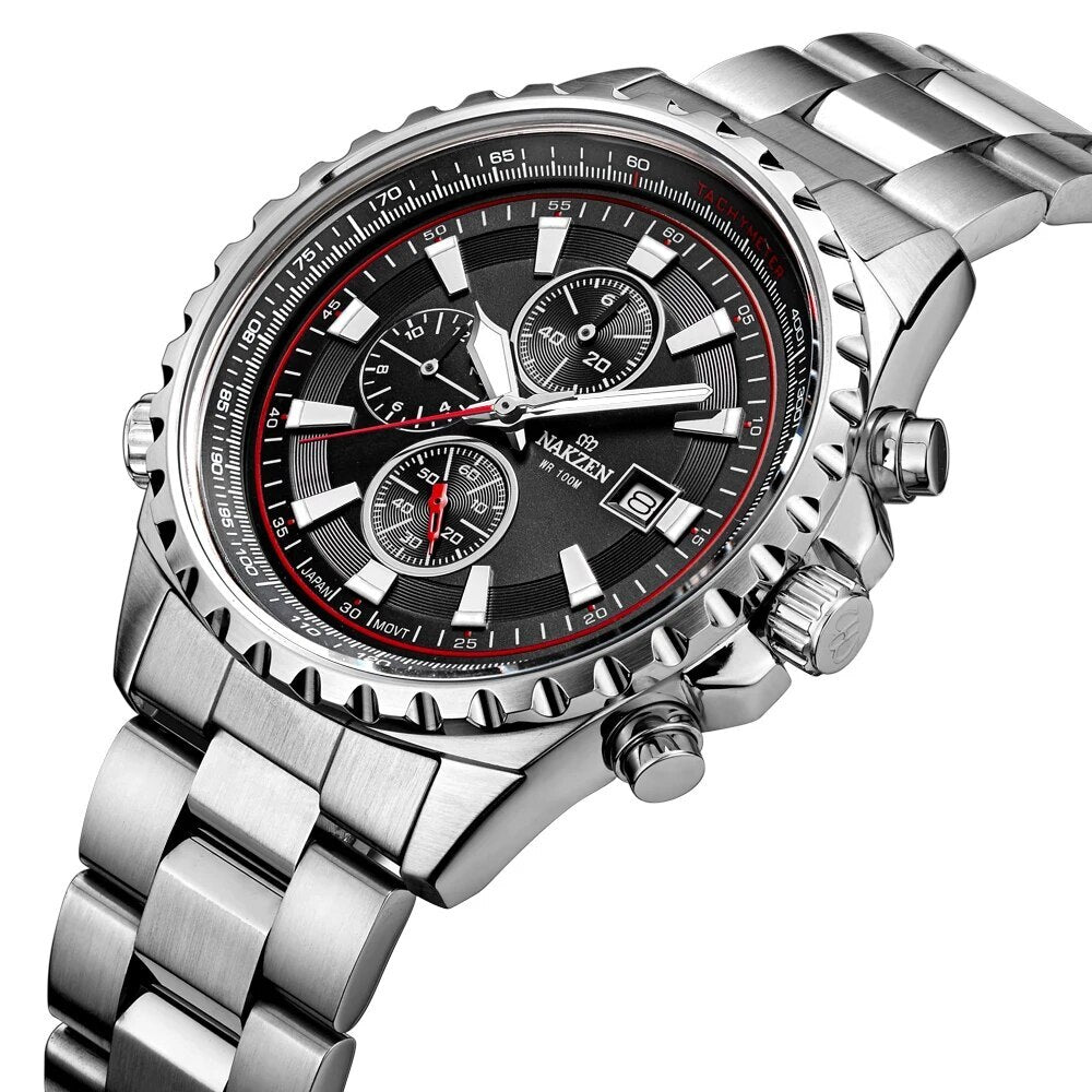 NAKZEN Business Men Multifunction Quartz Watch Man Sports Stainless Steel Watches Waterproof 10Bar WirstWatch Relogio Masculino