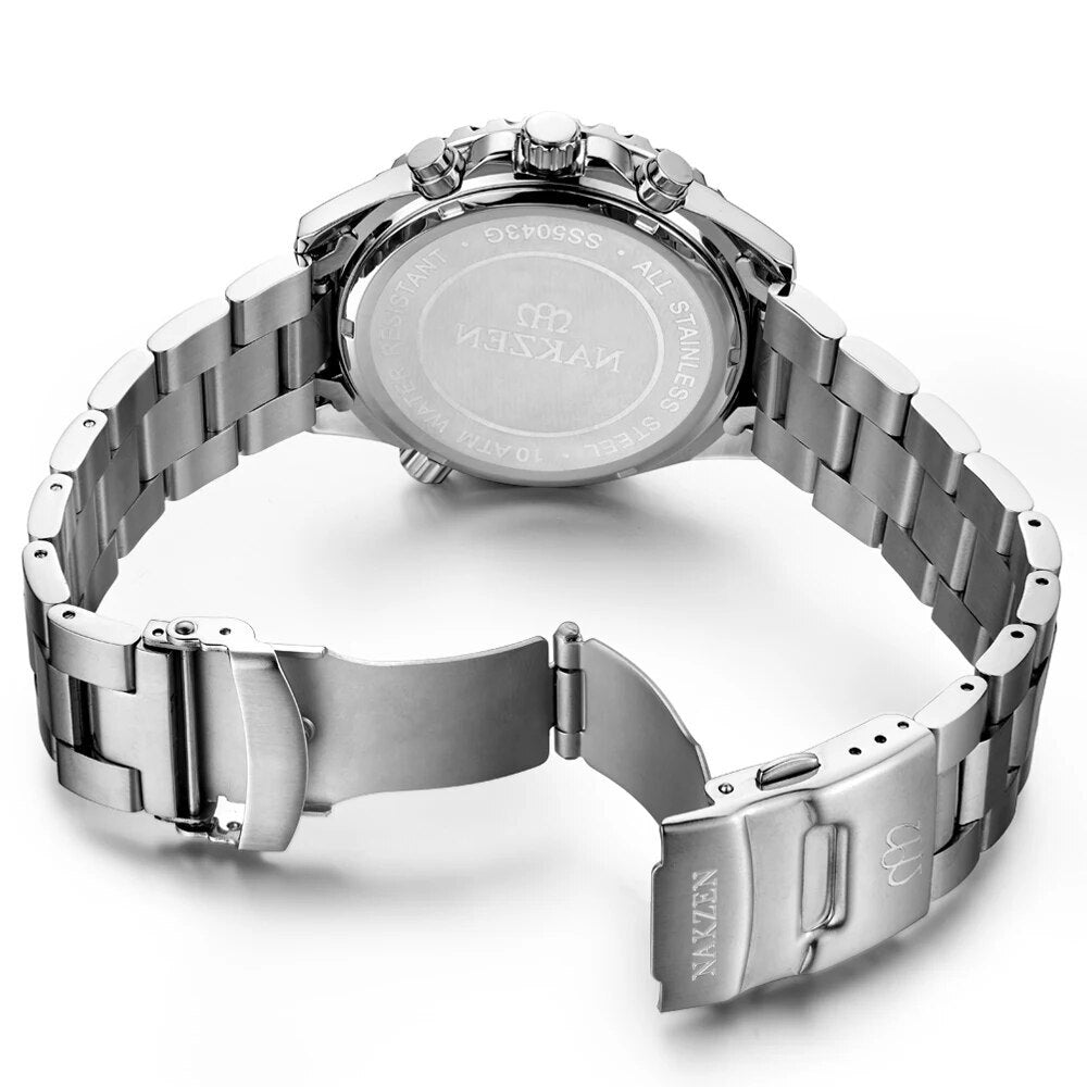 NAKZEN Business Men Multifunction Quartz Watch Man Sports Stainless Steel Watches Waterproof 10Bar WirstWatch Relogio Masculino