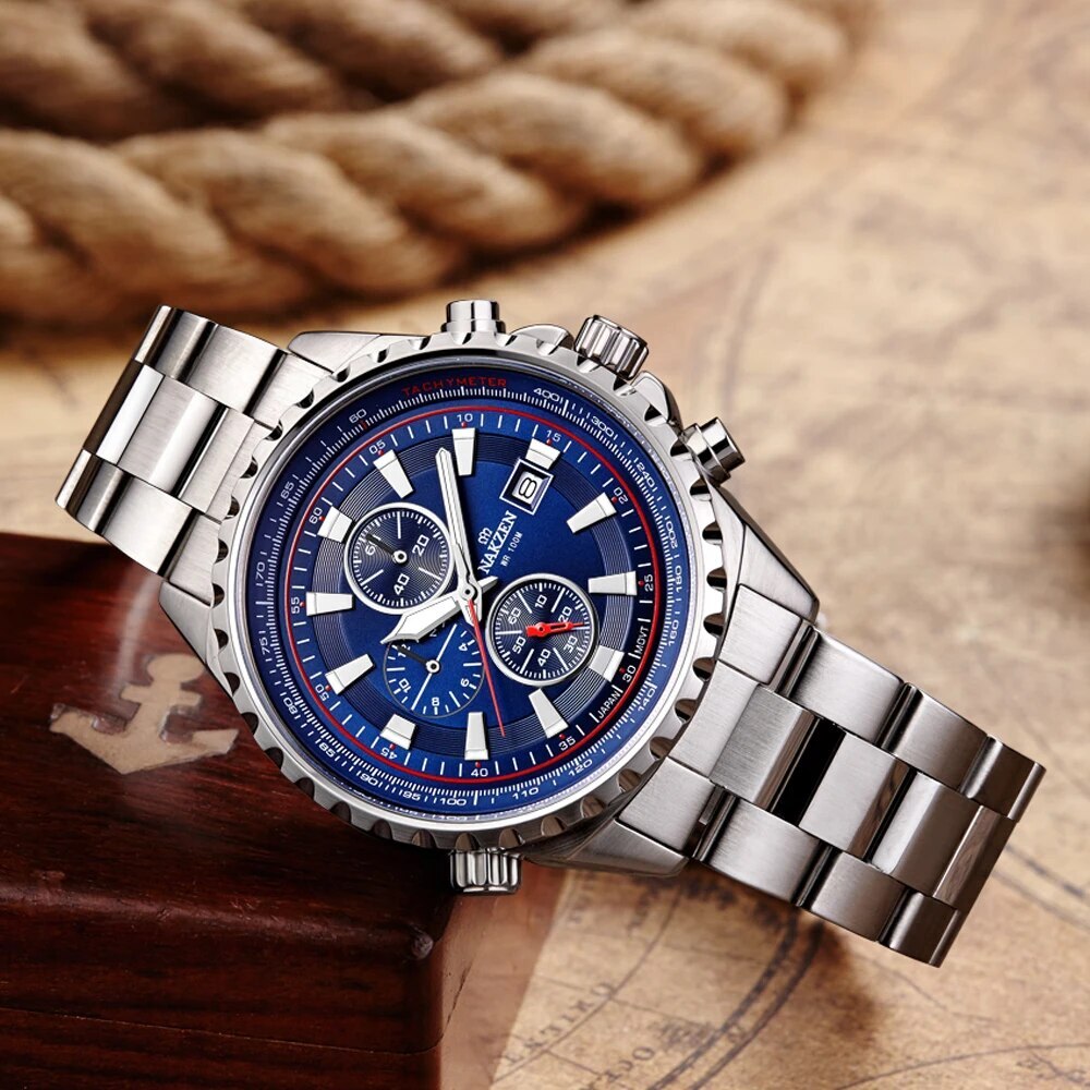 NAKZEN Business Men Multifunction Quartz Watch Man Sports Stainless Steel Watches Waterproof 10Bar WirstWatch Relogio Masculino