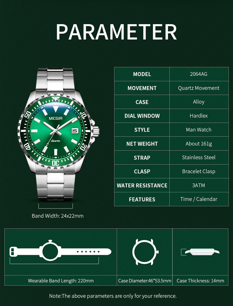 MEGIR Fashion Men Watches Top Luxury Stainless Steel Quartz Wristwatch Calendar Luminous Clock Large Dial Relogio Masculino 2064AG