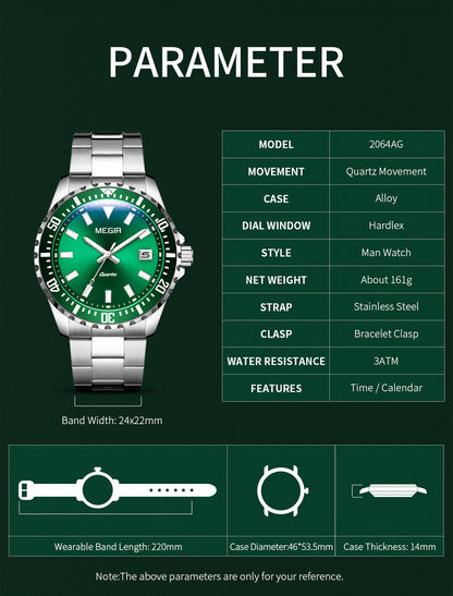 MEGIR Fashion Men Watches Top Luxury Stainless Steel Quartz Wristwatch Calendar Luminous Clock Large Dial Relogio Masculino 2064AG
