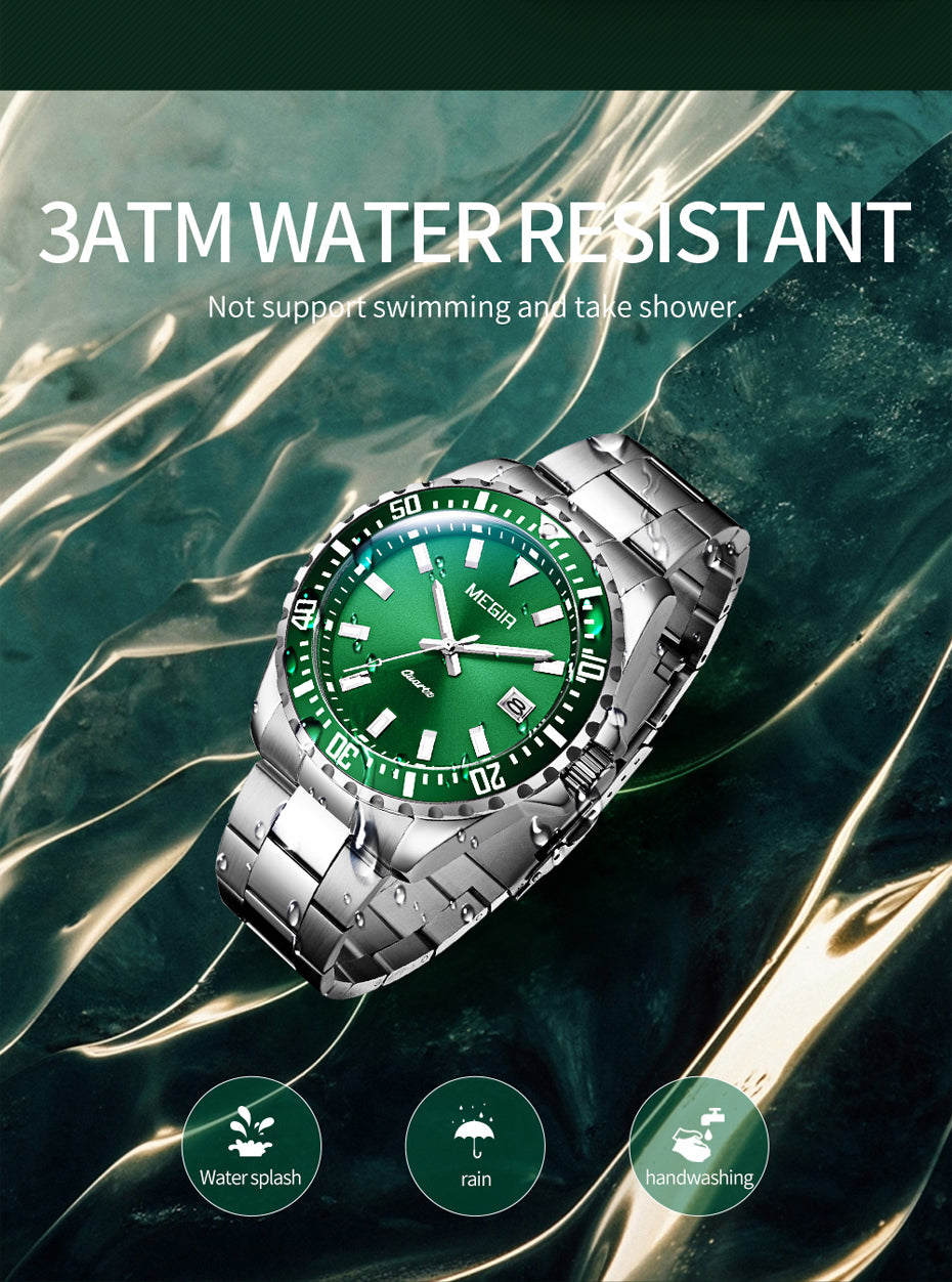 MEGIR Fashion Men Watches Top Luxury Stainless Steel Quartz Wristwatch Calendar Luminous Clock Large Dial Relogio Masculino 2064AG