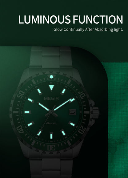 MEGIR Fashion Men Watches Top Luxury Stainless Steel Quartz Wristwatch Calendar Luminous Clock Large Dial Relogio Masculino 2064AG