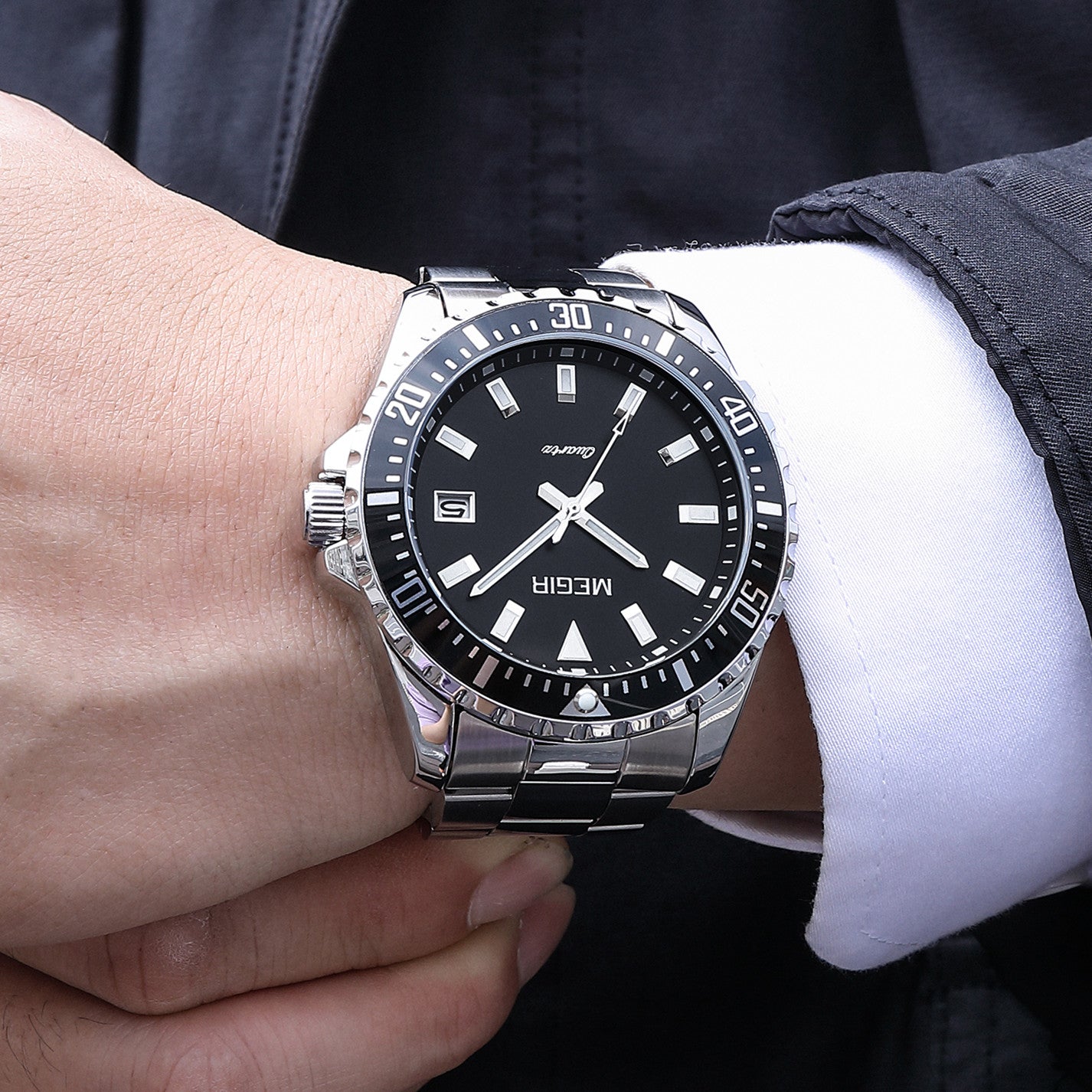 MEGIR Fashion Men Watches Top Luxury Stainless Steel Quartz Wristwatch Calendar Luminous Clock Large Dial Relogio Masculino 2064AG