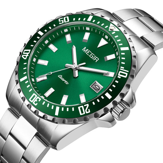MEGIR Fashion Men Watches Top Luxury Stainless Steel Quartz Wristwatch Calendar Luminous Clock Large Dial Relogio Masculino 2064AG
