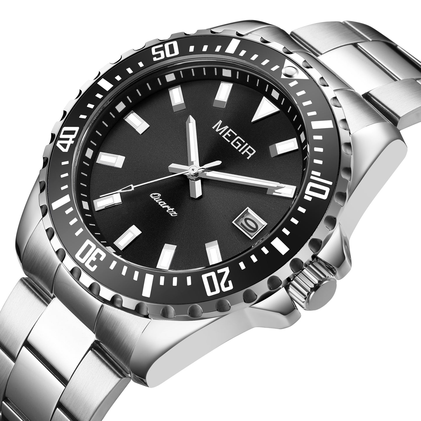 MEGIR Fashion Men Watches Top Luxury Stainless Steel Quartz Wristwatch Calendar Luminous Clock Large Dial Relogio Masculino 2064AG