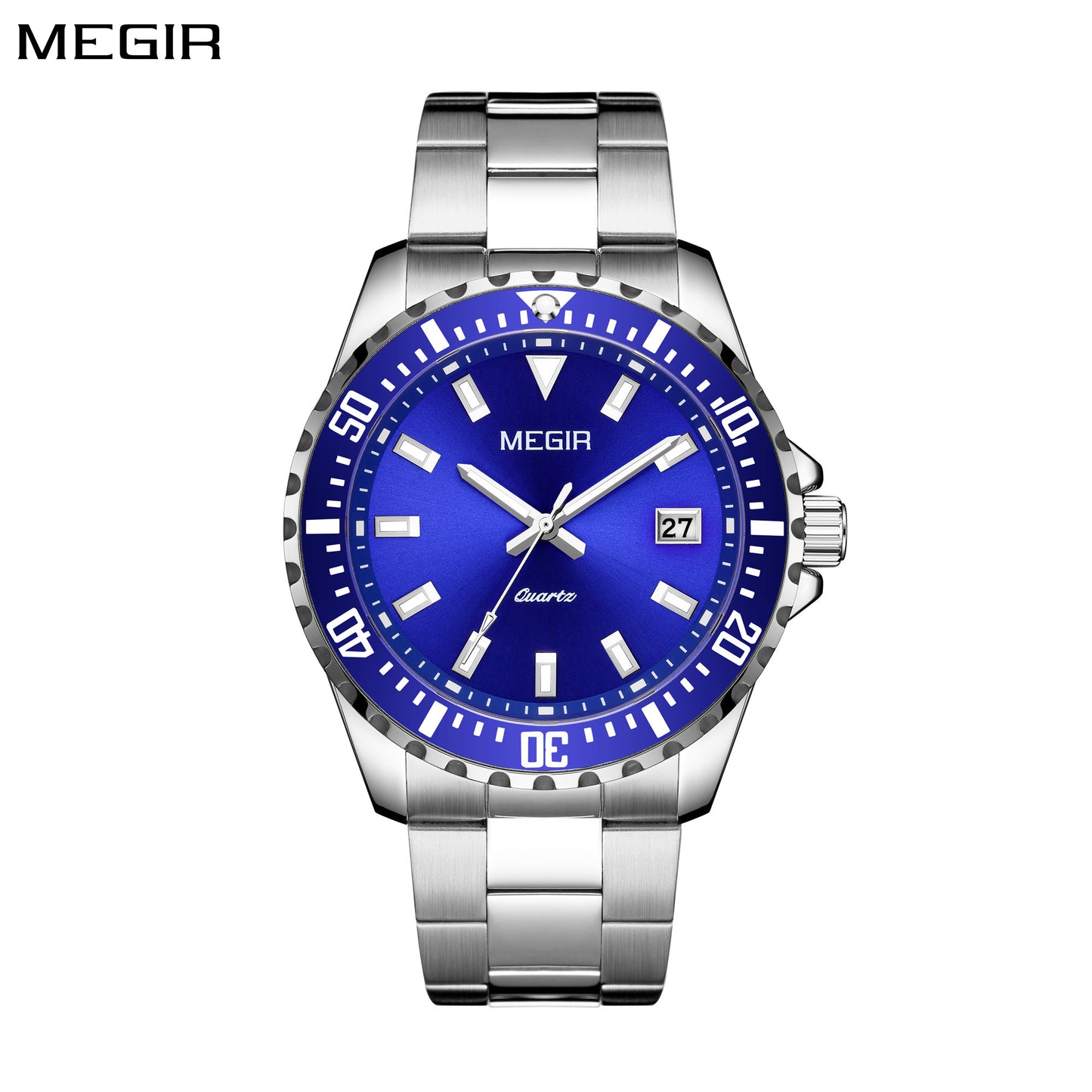 MEGIR Fashion Men Watches Top Luxury Stainless Steel Quartz Wristwatch Calendar Luminous Clock Large Dial Relogio Masculino 2064AG