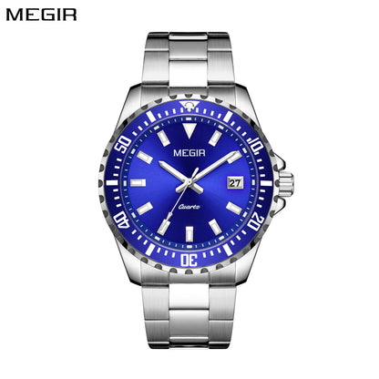 MEGIR Fashion Men Watches Top Luxury Stainless Steel Quartz Wristwatch Calendar Luminous Clock Large Dial Relogio Masculino 2064AG