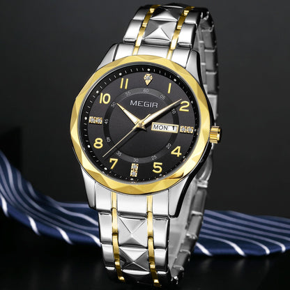 MEGIR Luxury Business Men Watches Stainless Steel Strap Clock Quartz Casual Wristwatch Waterproof Calendar Week Display 1093