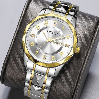 MEGIR Luxury Business Men Watches Stainless Steel Strap Clock Quartz Casual Wristwatch Waterproof Calendar Week Display 1093