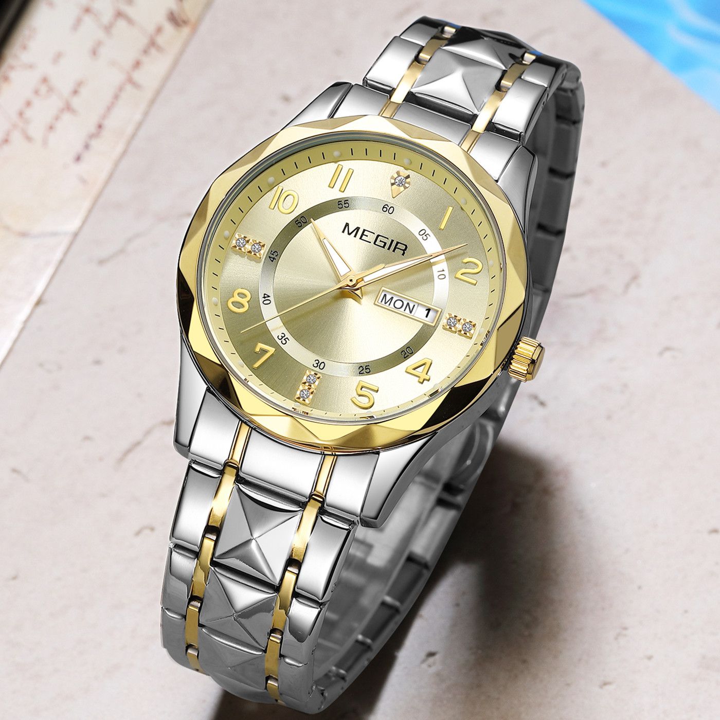 MEGIR Luxury Business Men Watches Stainless Steel Strap Clock Quartz Casual Wristwatch Waterproof Calendar Week Display 1093