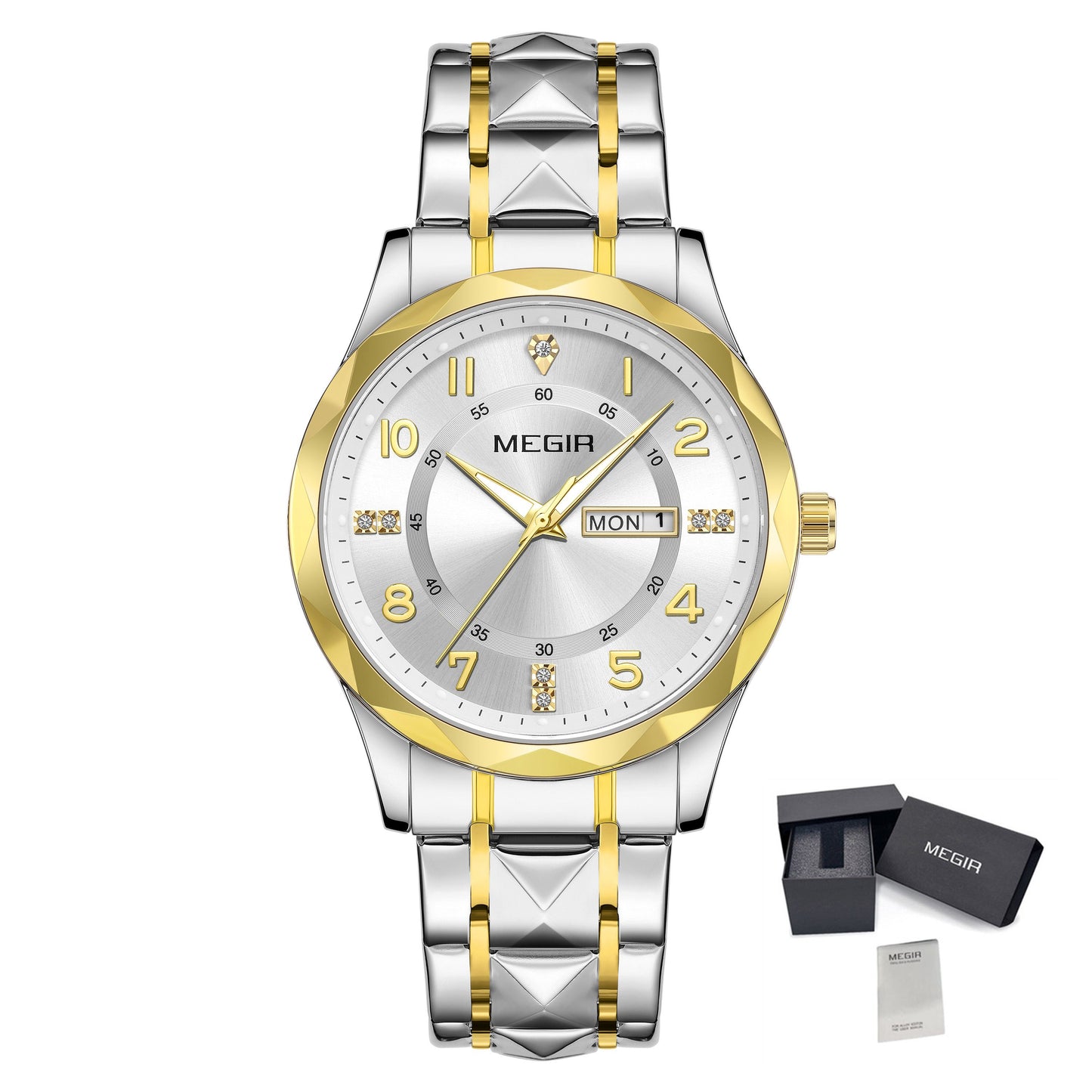 MEGIR Luxury Business Men Watches Stainless Steel Strap Clock Quartz Casual Wristwatch Waterproof Calendar Week Display 1093