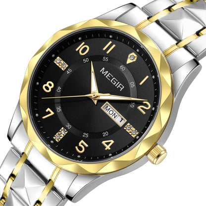 MEGIR Luxury Business Men Watches Stainless Steel Strap Clock Quartz Casual Wristwatch Waterproof Calendar Week Display 1093