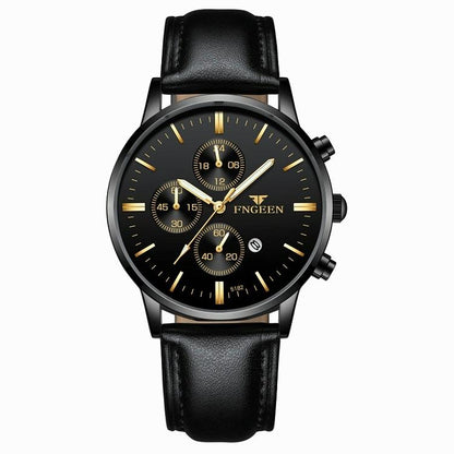 NNEDSZ Men Three-Eye Luminous Quartz Watch - Black / Gold