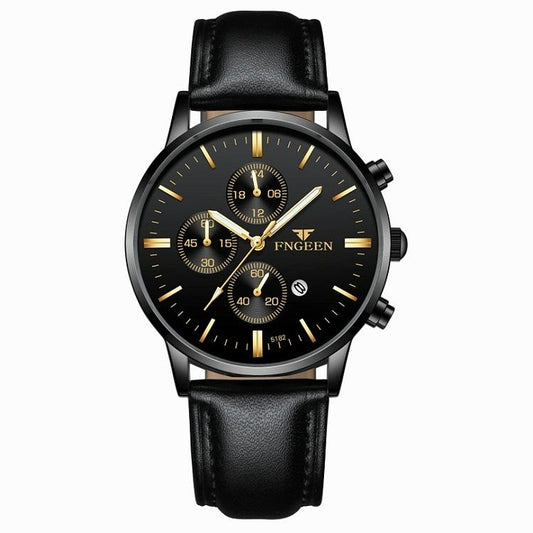 NNEDSZ Men Three-Eye Luminous Quartz Watch - Black / Gold