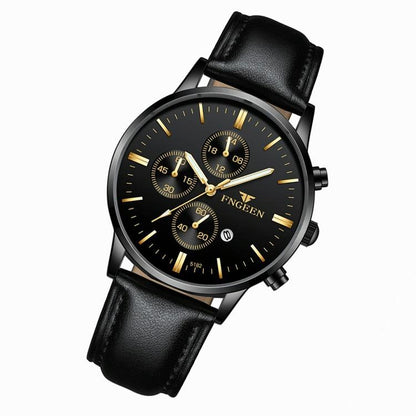 NNEDSZ Men Three-Eye Luminous Quartz Watch - Black / Gold